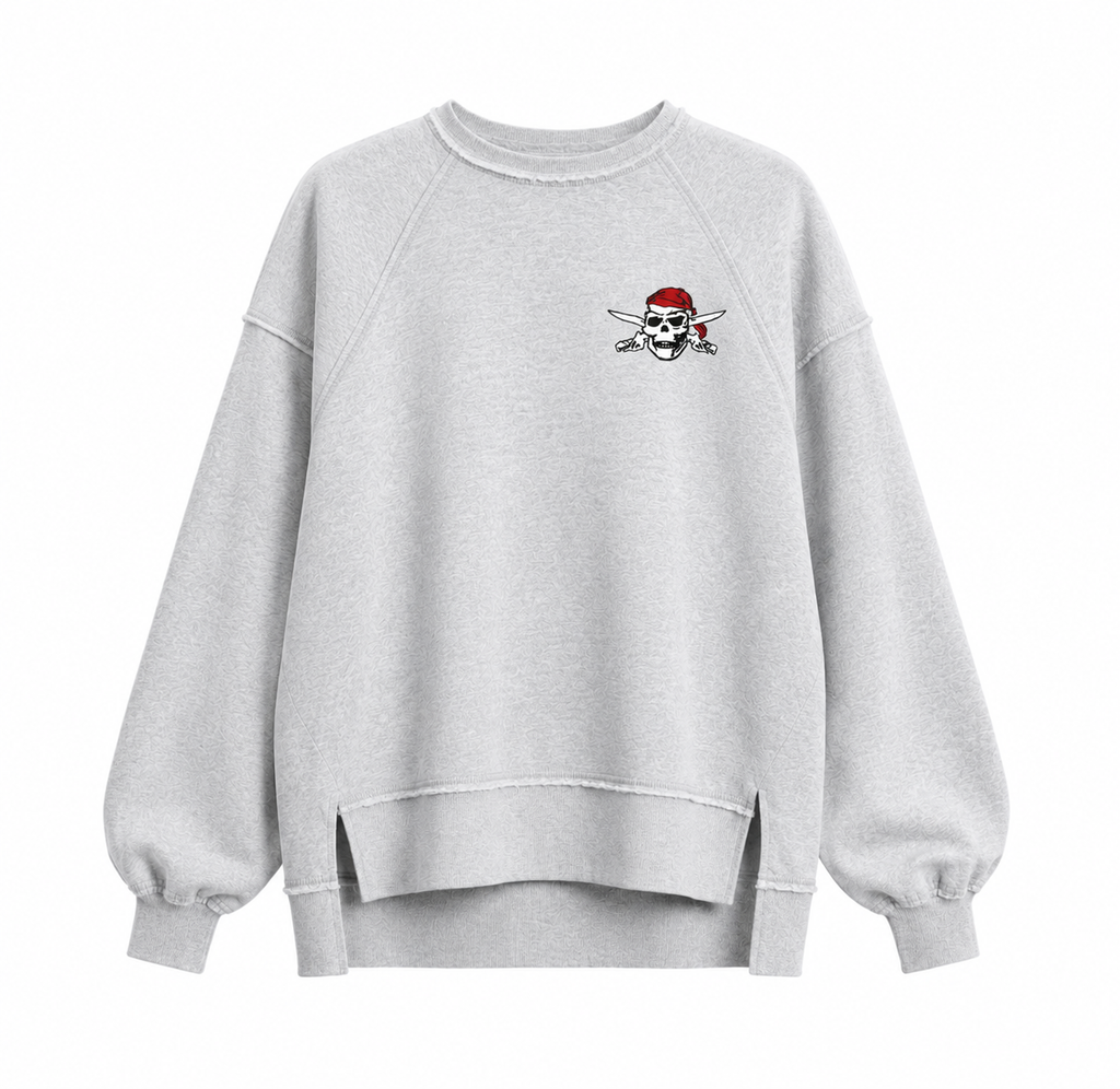 Embroidered Pirate Logo Oversized Acid Wash Raw Edge Sweatshirt