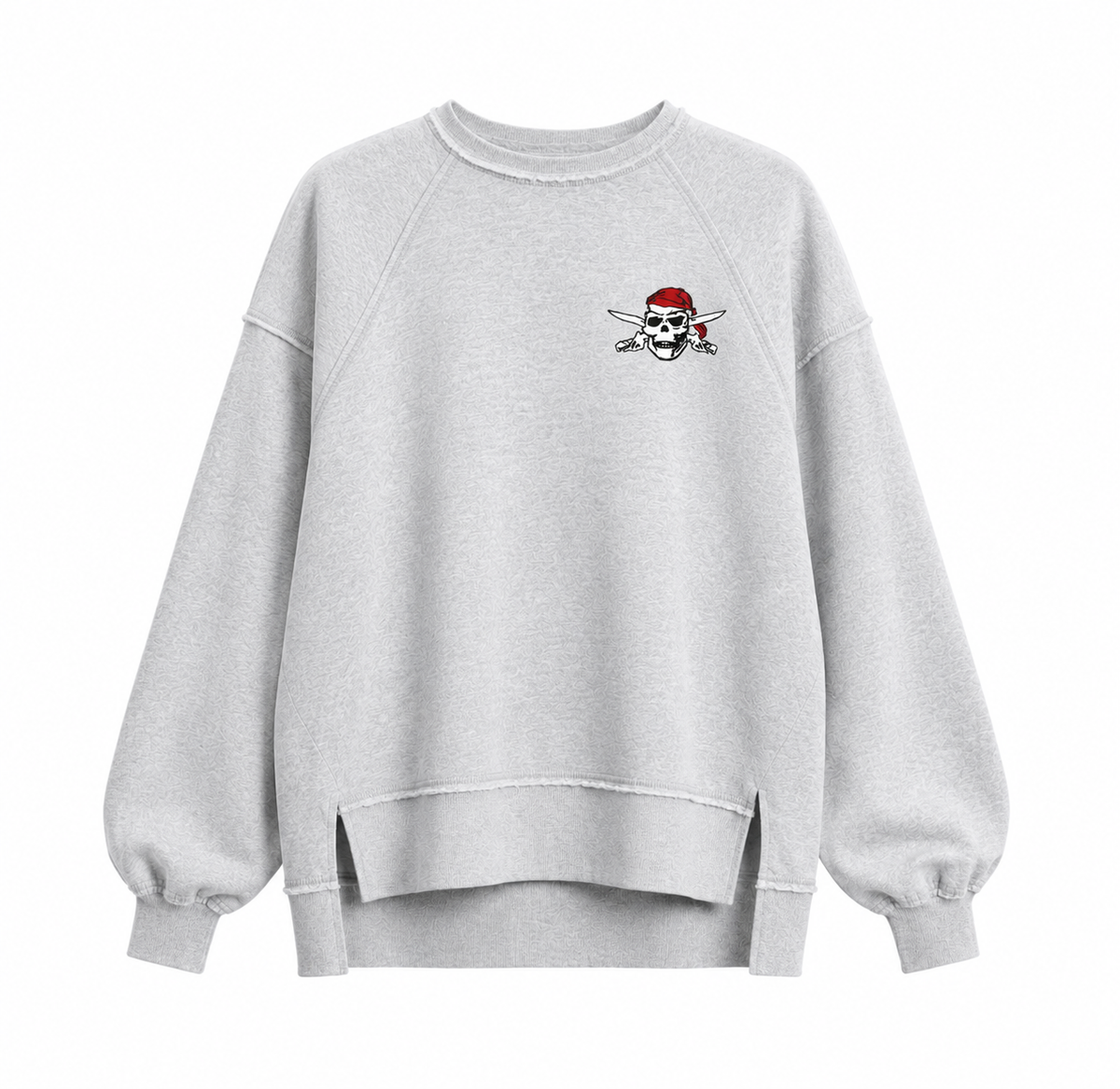 Embroidered Pirate Logo Oversized Acid Wash Raw Edge Sweatshirt